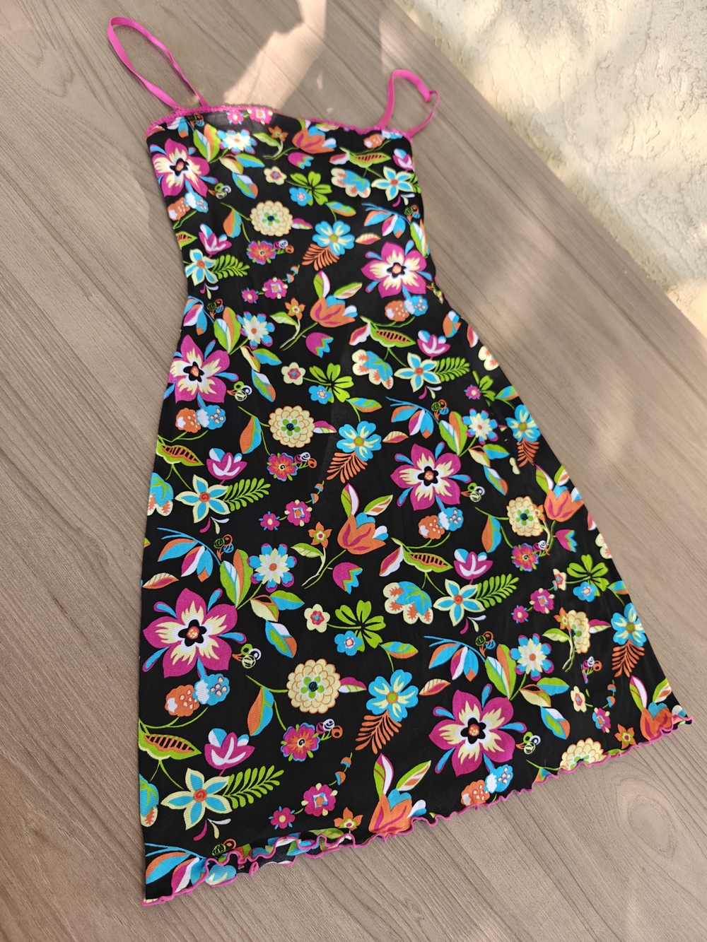 Y2K Vintage Guess Black Floral Mesh Mini Dress with Neon Pink Straps